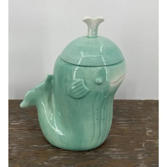 Port Phillip Shore Line Teal Whale Ceramic Cookie Jar Salt Water Marine Mammals - Picture 2 of 10